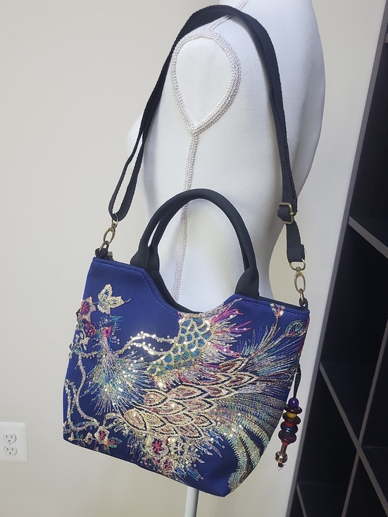 None Handbags - Blue Sequin Peacock Lightweight Handle & Removable Crossbody Strap Bag